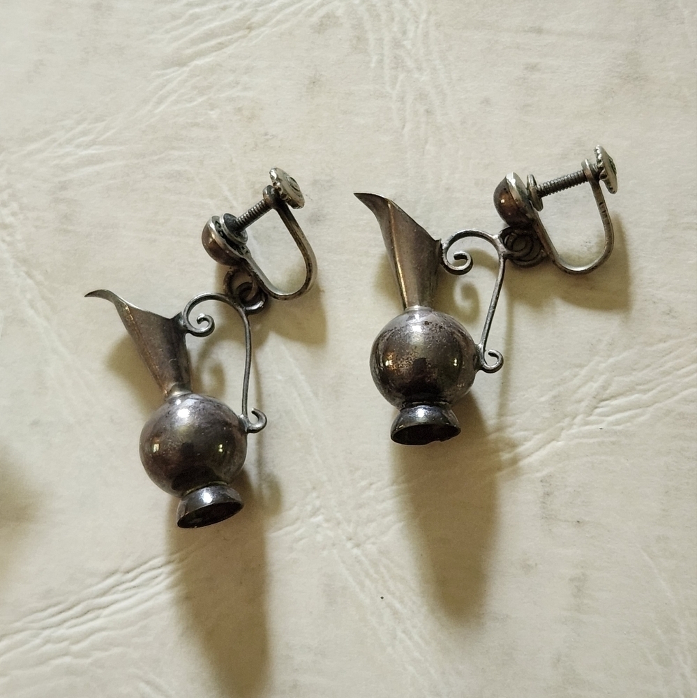 Vintage 925 Sterling Silver Mexico Signed Water Pitcher Earrings